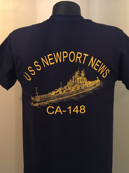 #22P & #23P- USS Newport News CA-148 Navy T-Shirt With Logo & Pencil Drawing Of Ship On Back